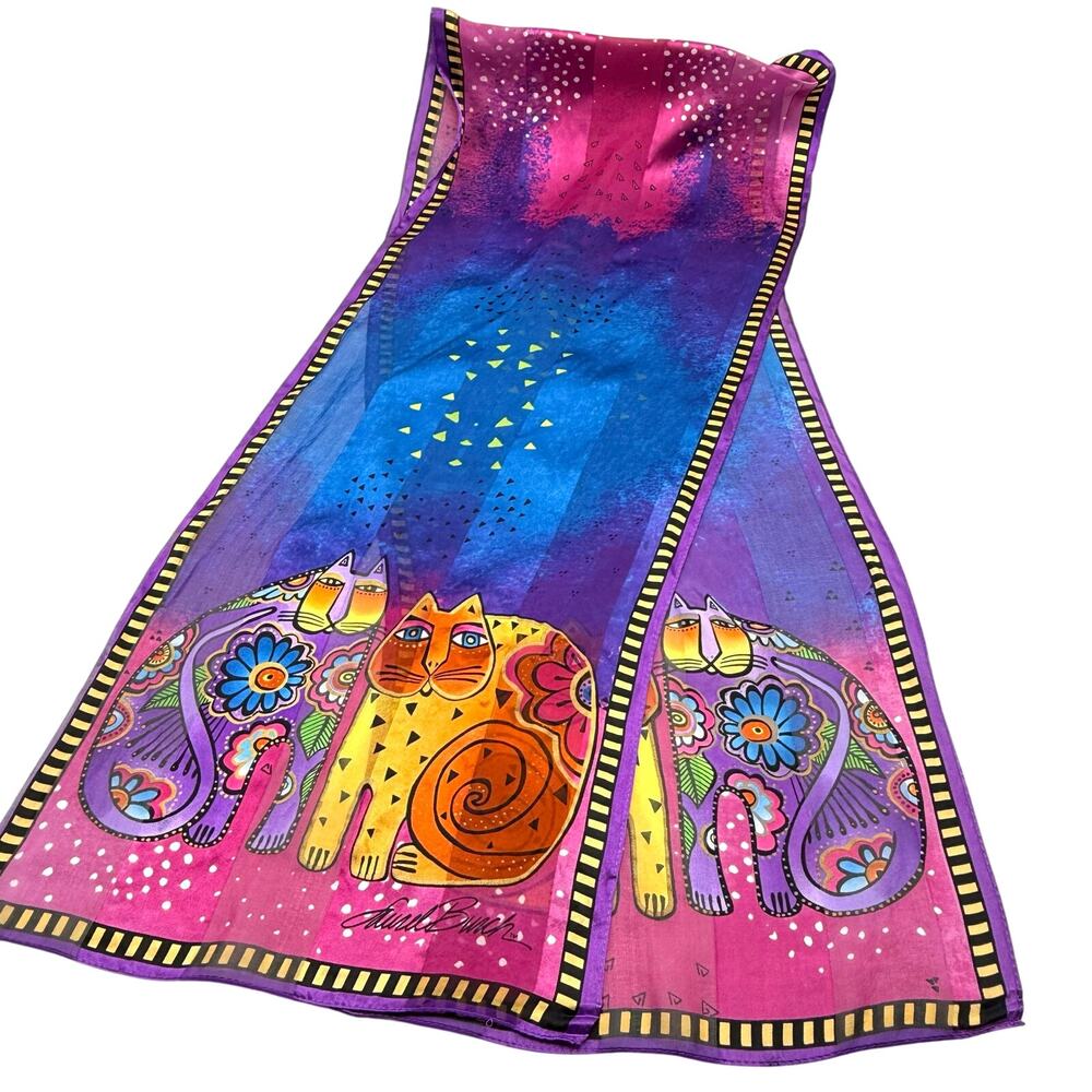 Laurel Burch Colorful Cats Silky Scarf 11x53 Boho Multicolor Rainbow Kittens - Picture 2 of 8